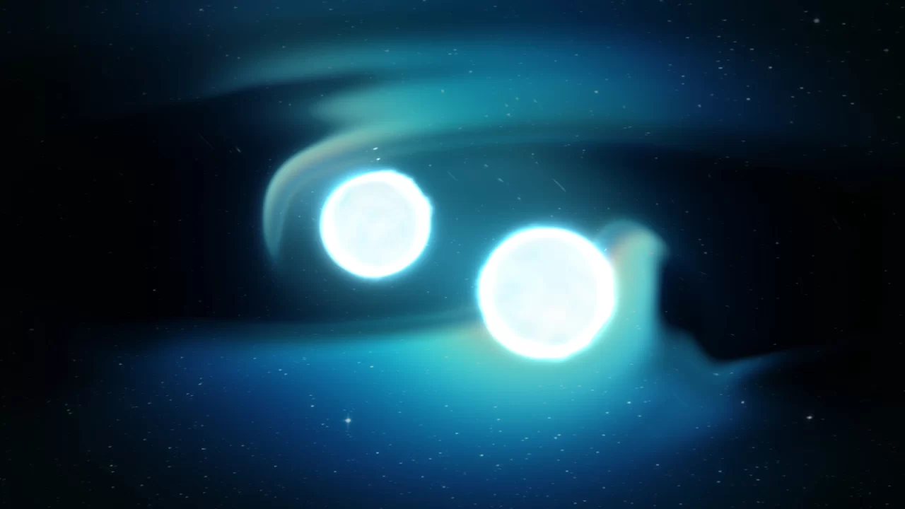 Dvije sjajne neutronske zvijezde s plavkastim lukovima u umjetničkom prikazu približavanja prije spajanja.