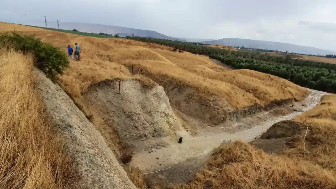 Iskopani sedimentni slojevi na nalazištu Ubeidiya, okruženi suhom travom u dolini Jordana.