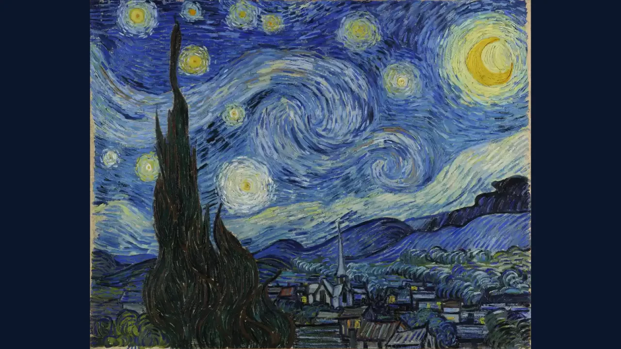 Van Goghova Zvjezdana noć s Mjesečevim srpom, zvijezdama, vrtložnim nebom i čempresom iznad sela